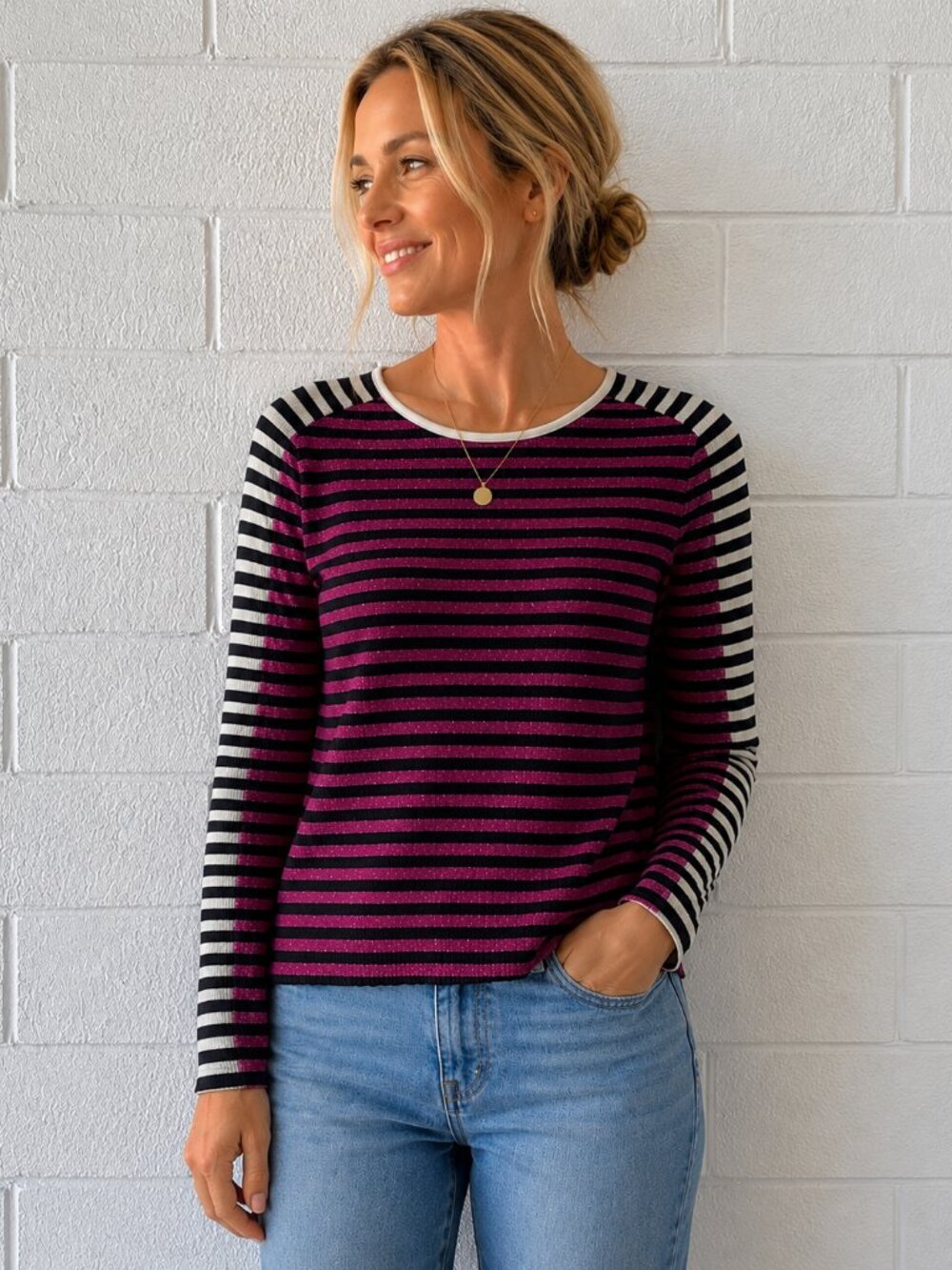 Akris Punto Striped Wool Blend Lightweight Pullover Sweater in Pink/Black size 2